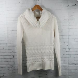 WHITE HOUSE BLACK MARKET IVORY CABLE KNIT COWL NECK TUNIC SWEATER SIZE SMALL